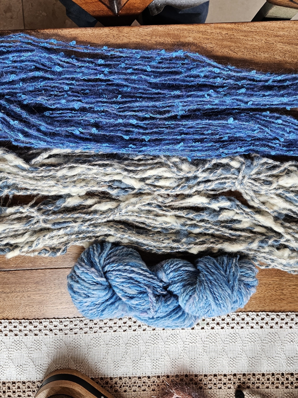 Handspun Blue & Cream Art Yarn Skein X 3